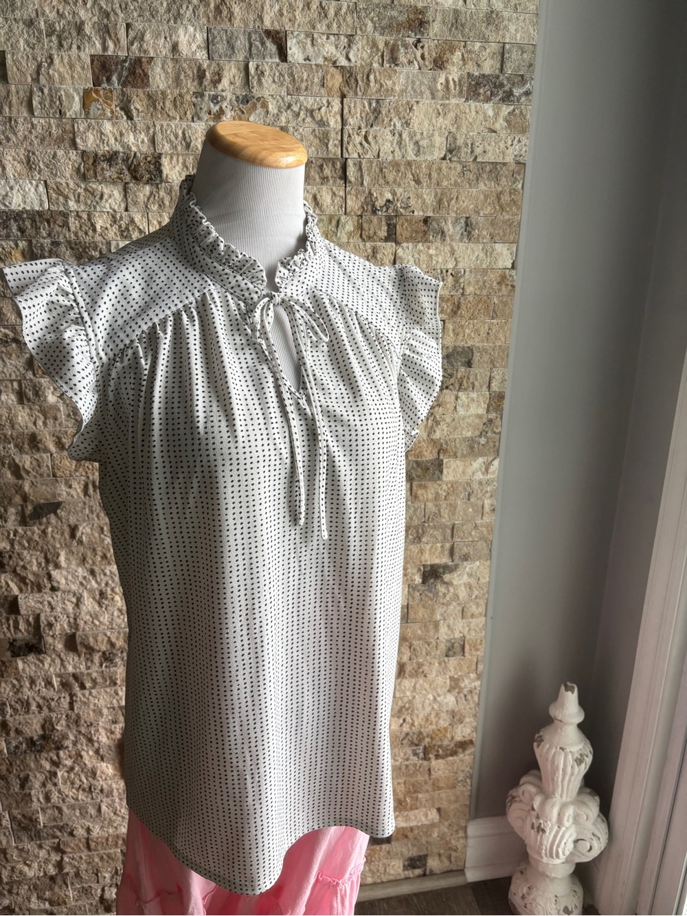 Adrianna Papell White with Black Polka Dot Tie-Neck Ruffle Sleeve Blouse